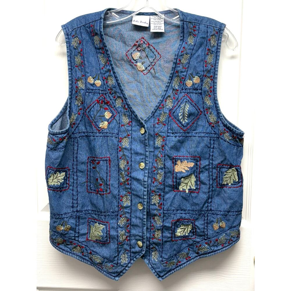 Bobbie Brooks Vest Embroidered Denim 100% Cotton Jean Leaves Women’s Size M